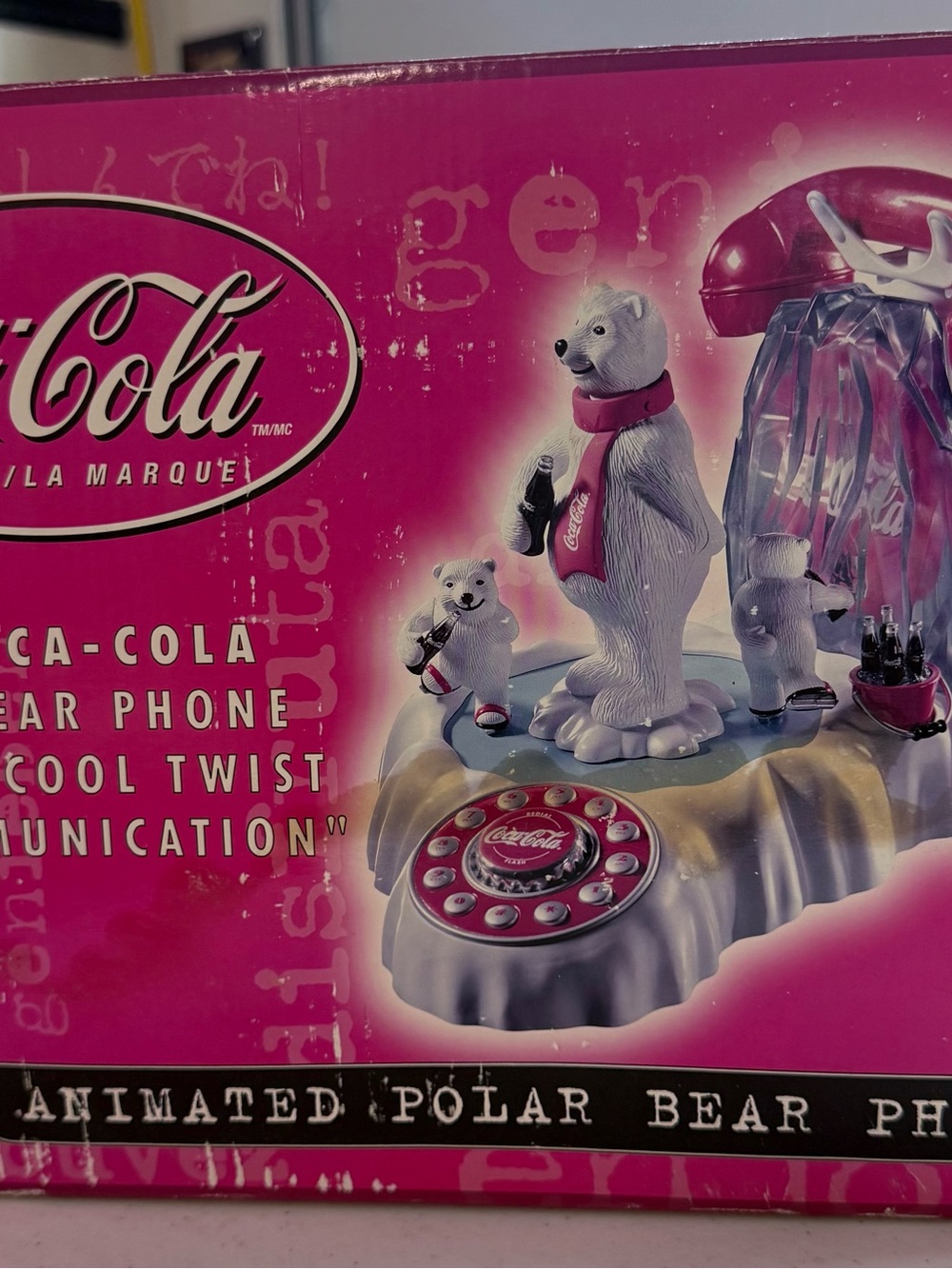 Coca-Cola Polar Bear Phone Display Box - Red & White with Pink Background